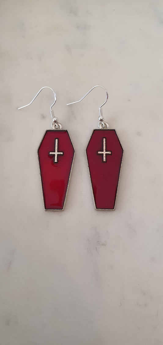 Goth Punk - Silver Cross & Red Coffin Set of Earrings - Trendy Gothic