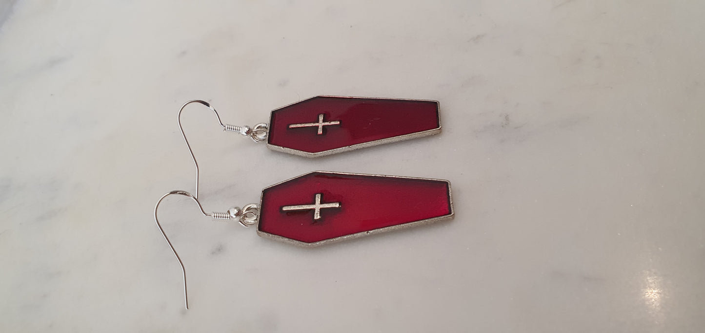 Goth Punk - Silver Cross & Red Coffin Set of Earrings - Trendy Gothic