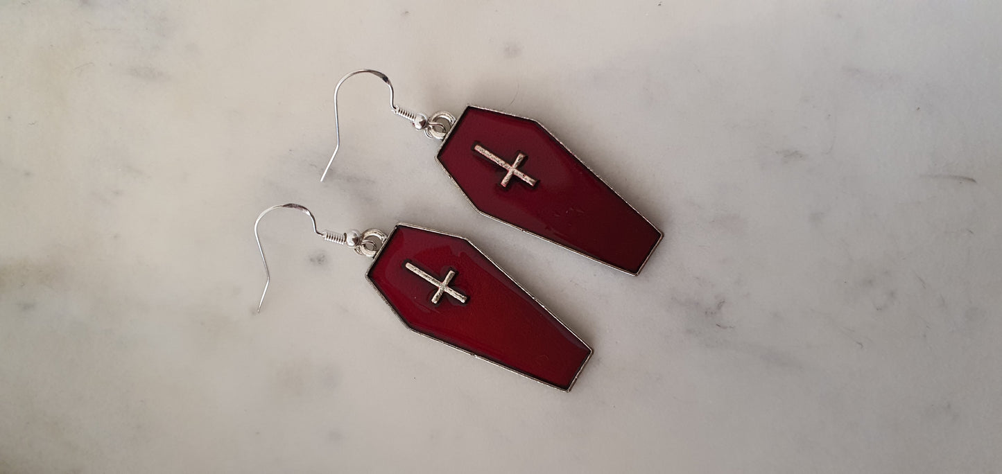 Goth Punk - Silver Cross & Red Coffin Set of Earrings - Trendy Gothic