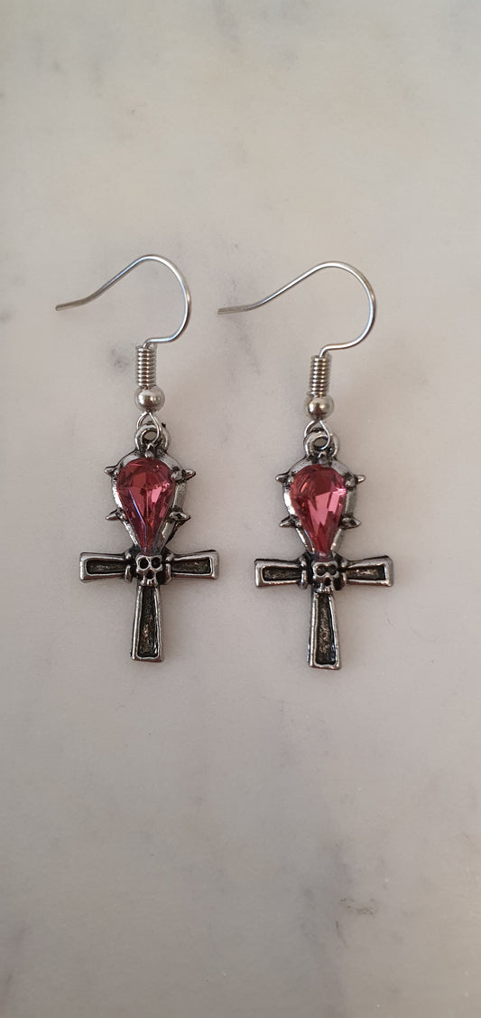 Goth Punk - Skull & Pink Cross Set of Earrings - Trendy Gothic