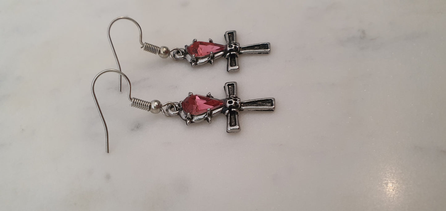 Goth Punk - Skull & Pink Cross Set of Earrings - Trendy Gothic