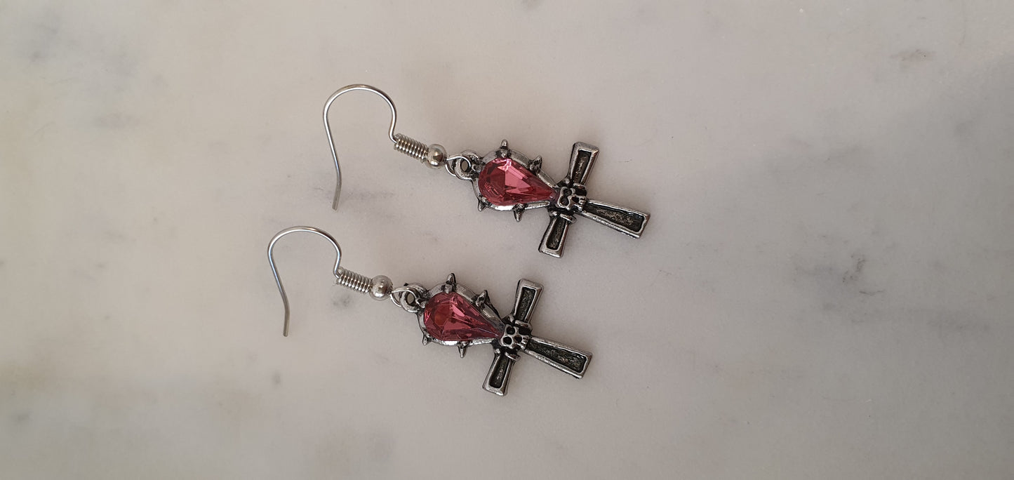 Goth Punk - Skull & Pink Cross Set of Earrings - Trendy Gothic