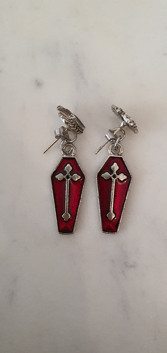 Goth Punk - Red Coffin Heart Wings Set of Stud Earrings - Trendy Gothic