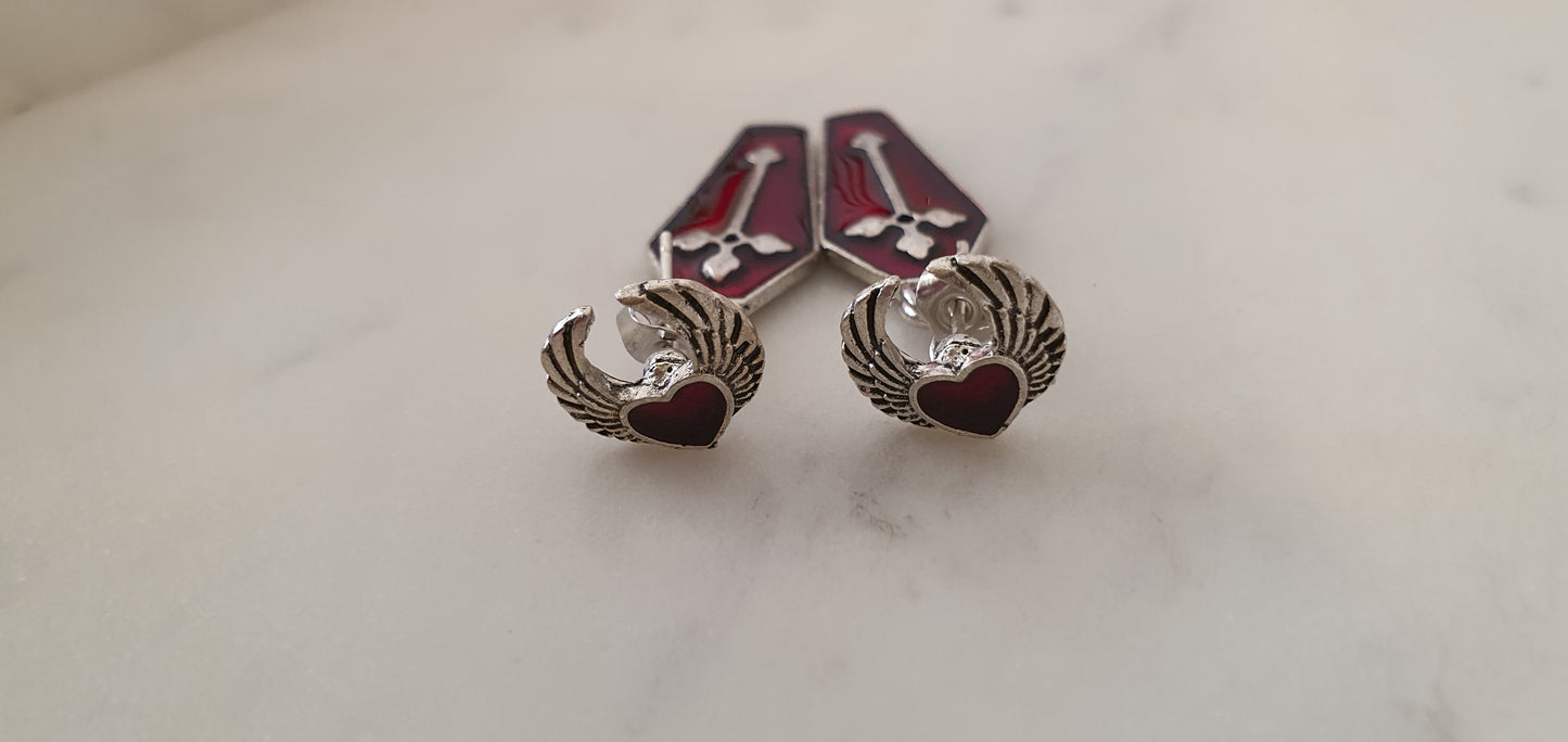 Goth Punk - Red Coffin Heart Wings Set of Stud Earrings - Trendy Gothic