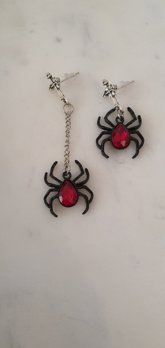 Goth Punk - Red & Black Spiders Set of Stud Earrings - Trendy Gothic