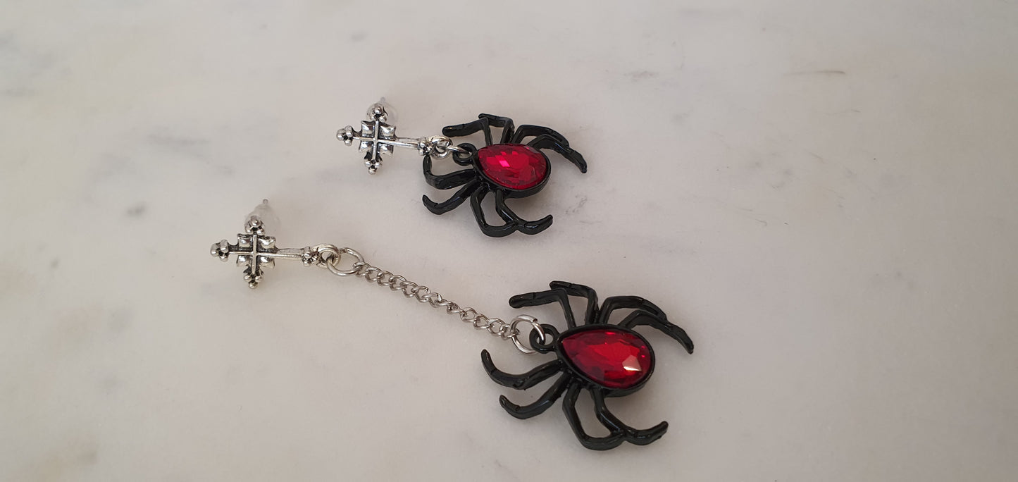 Goth Punk - Red & Black Spiders Set of Stud Earrings - Trendy Gothic