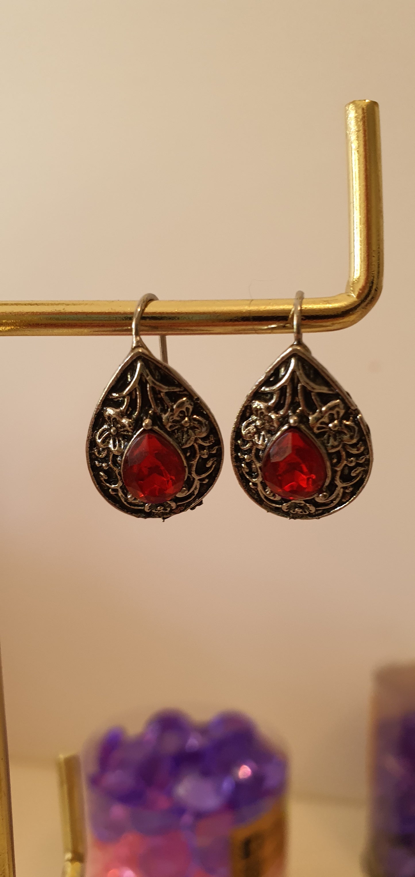 Goth Punk - Beautiful Red Stone Filigree Set of Earrings - Trendy Gothic