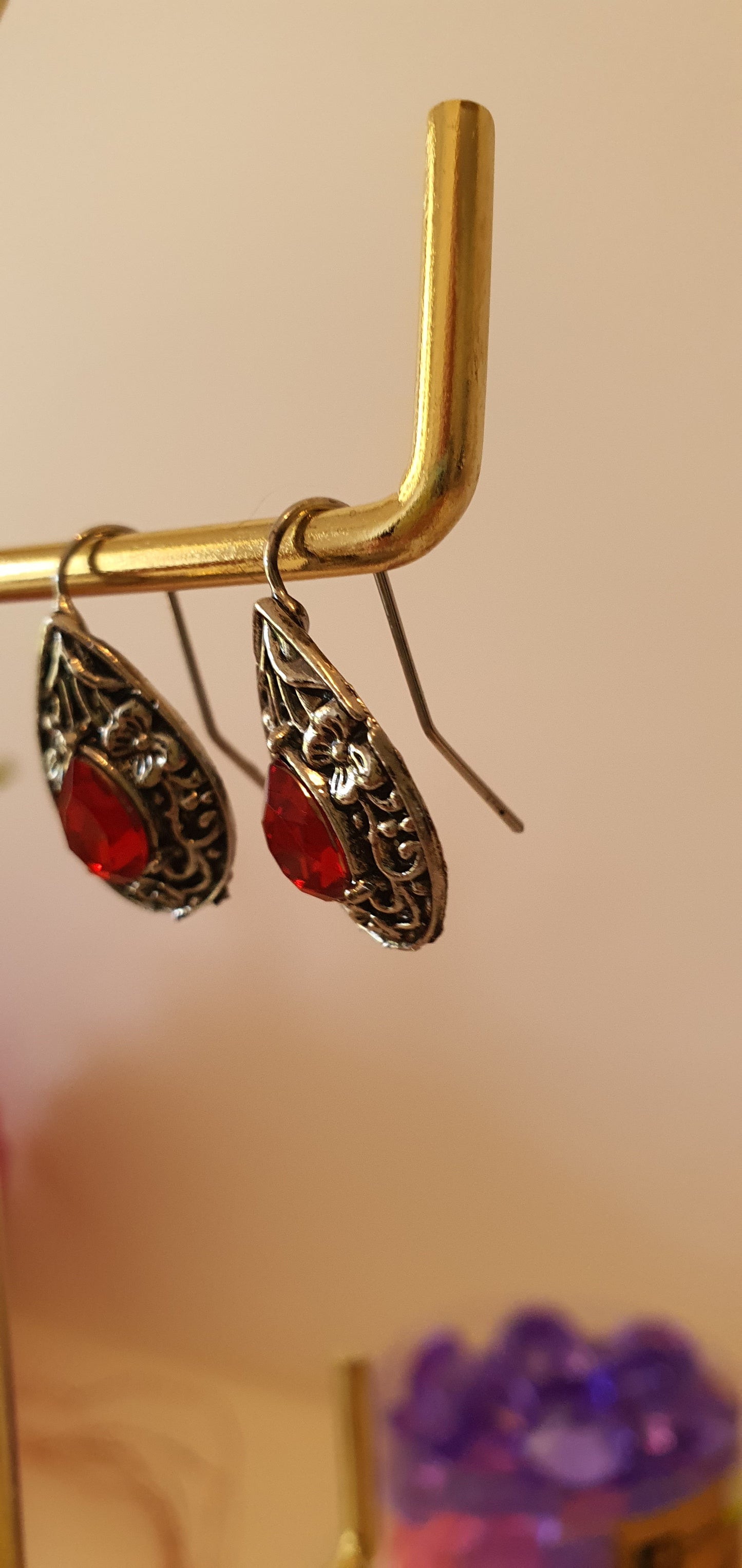 Goth Punk - Beautiful Red Stone Filigree Set of Earrings - Trendy Gothic