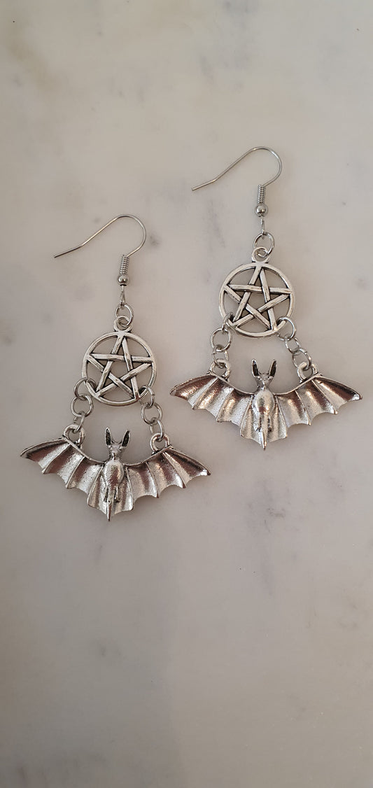 Goth Punk - Silver Bat & Pentagram Set of Earrings - Trendy Gothic