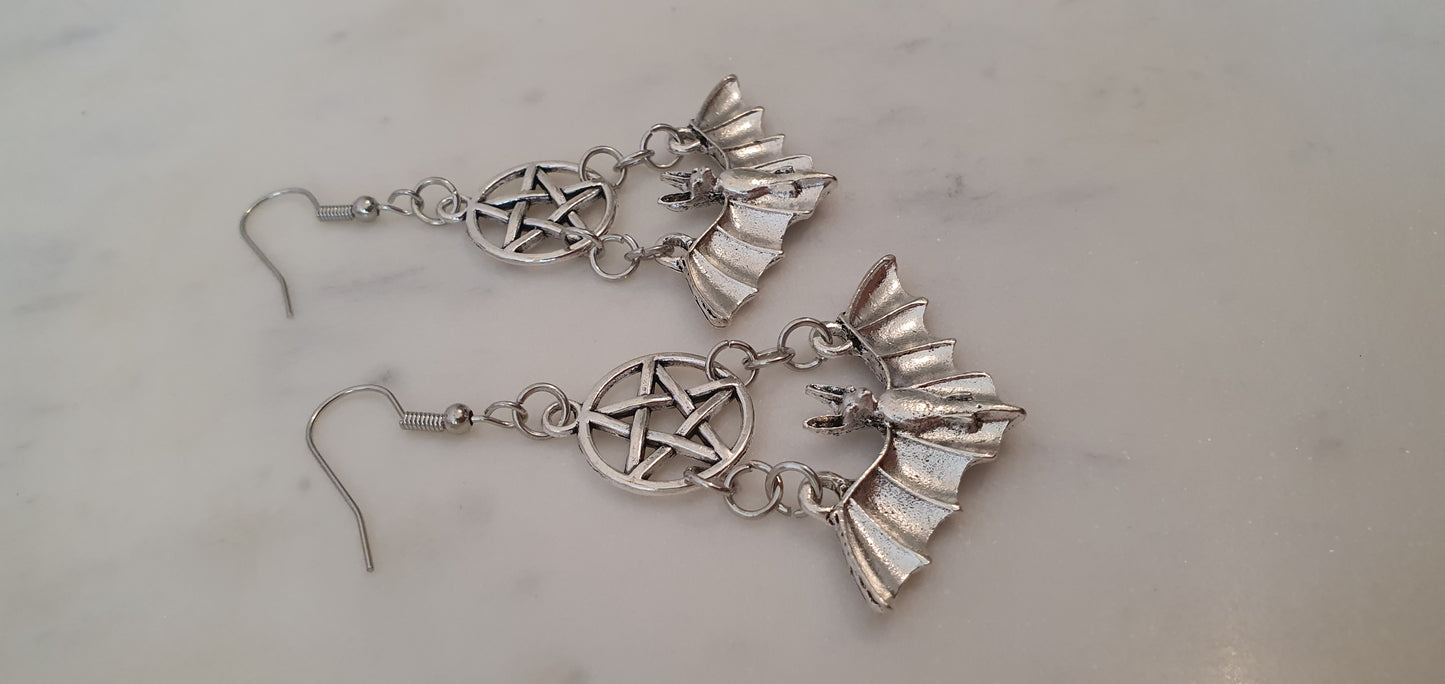 Goth Punk - Silver Bat & Pentagram Set of Earrings - Trendy Gothic