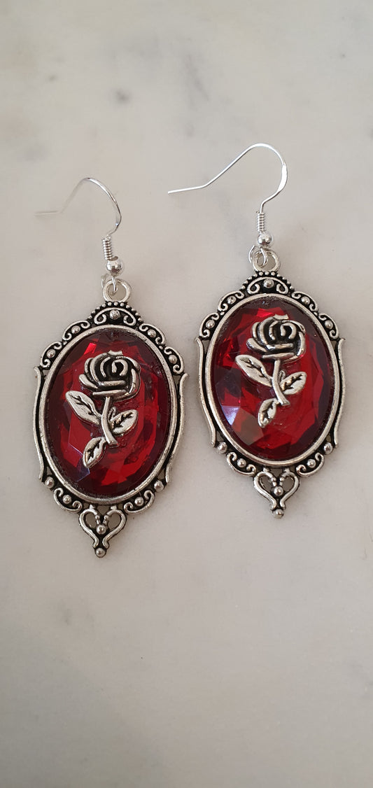 Goth Punk - Silver Rose Red Cameo Set of Earrings - Trendy Gothic