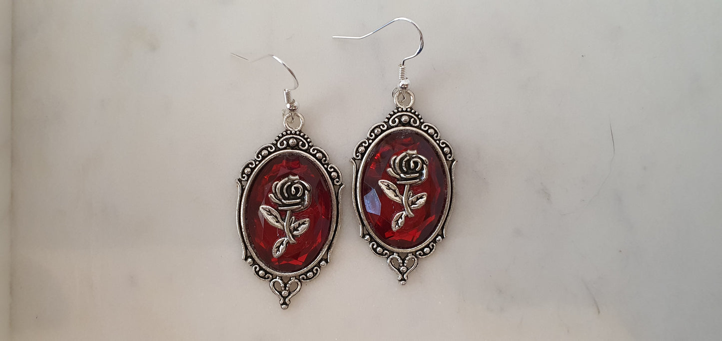 Goth Punk - Silver Rose Red Cameo Set of Earrings - Trendy Gothic