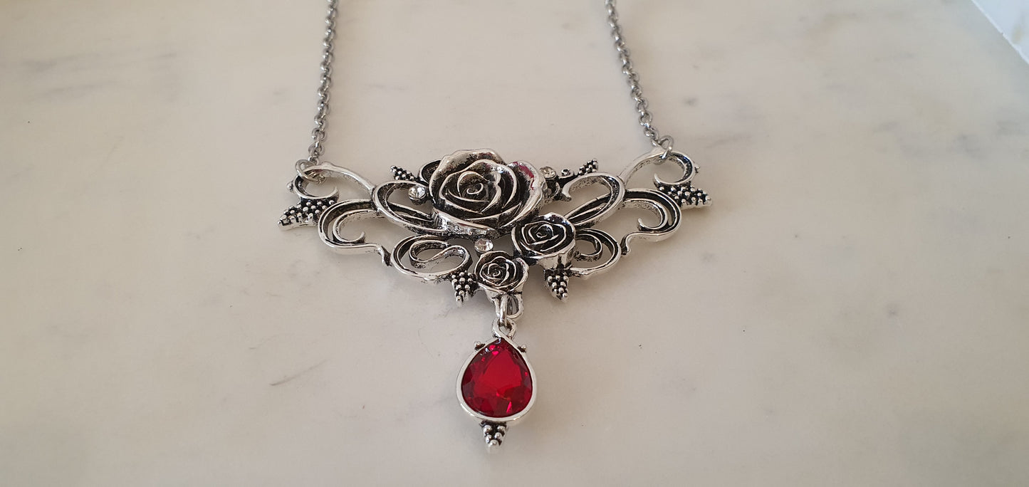 Goth Punk - Intricate Silver Roses & Red Jewel Necklace