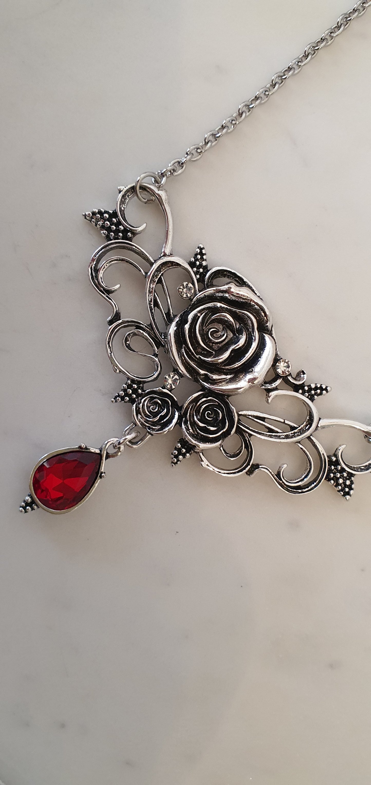 Goth Punk - Intricate Silver Roses & Red Jewel Necklace