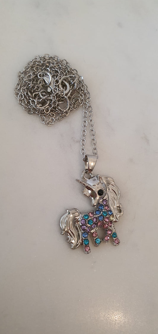 Stylish Bling Silver Diamente Unicorn Necklace