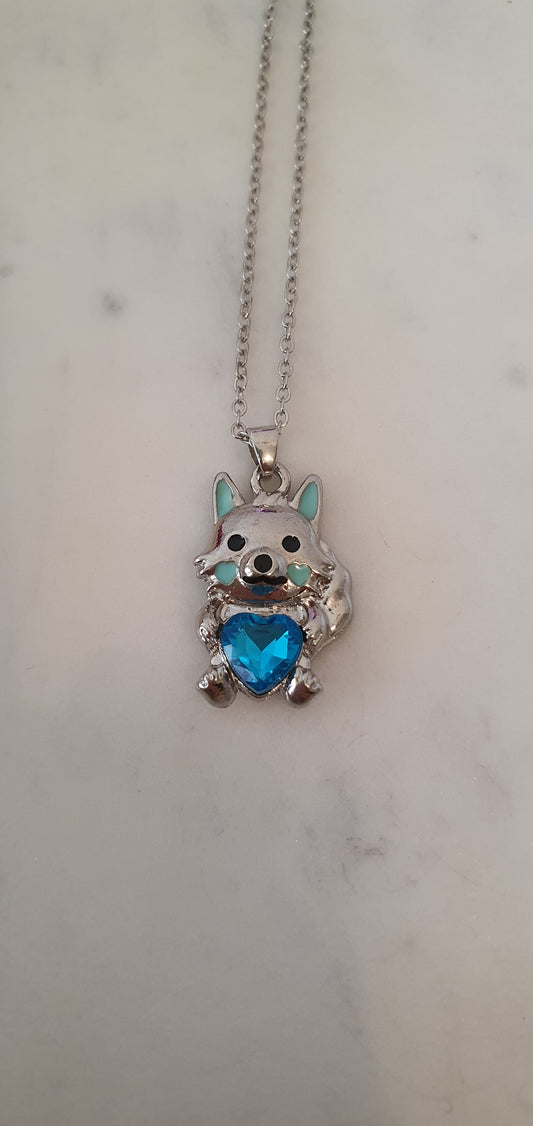 Stylish Bling Silver & Blue Gem Arctic Fox Necklace