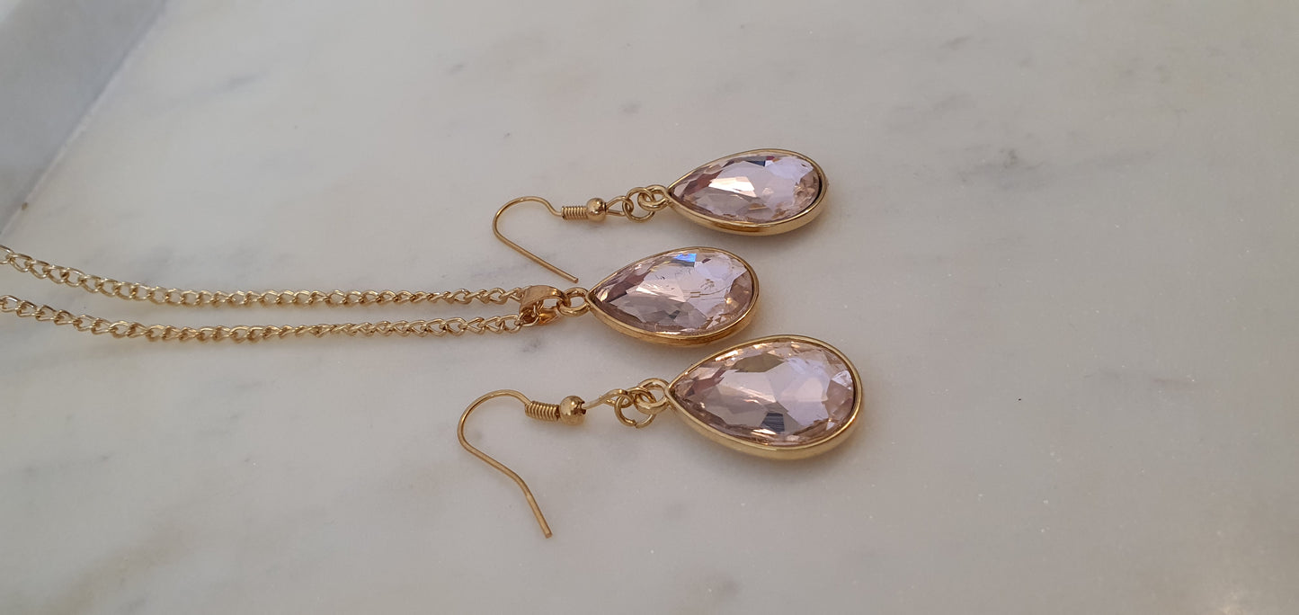 Stylish Bling Gold & Pink Teardrop Set of Earrings & Necklace