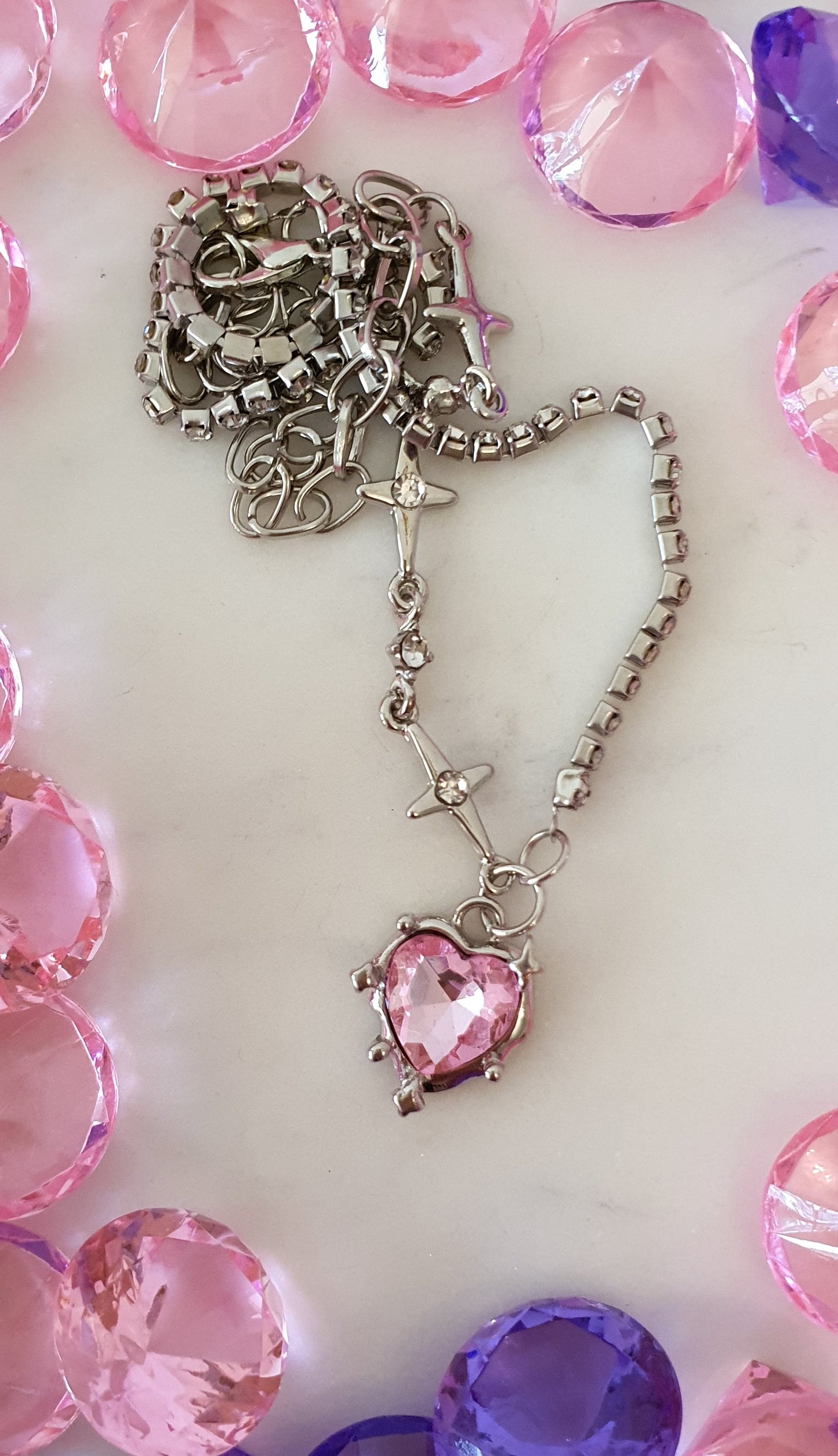 Stylish Bling Two Type Silver Chain & Pink Heart Necklace