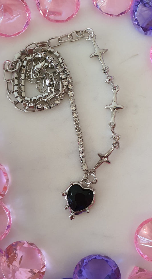 Stylish Bling Two Type Silver Chain & Dark Purple Heart Necklace