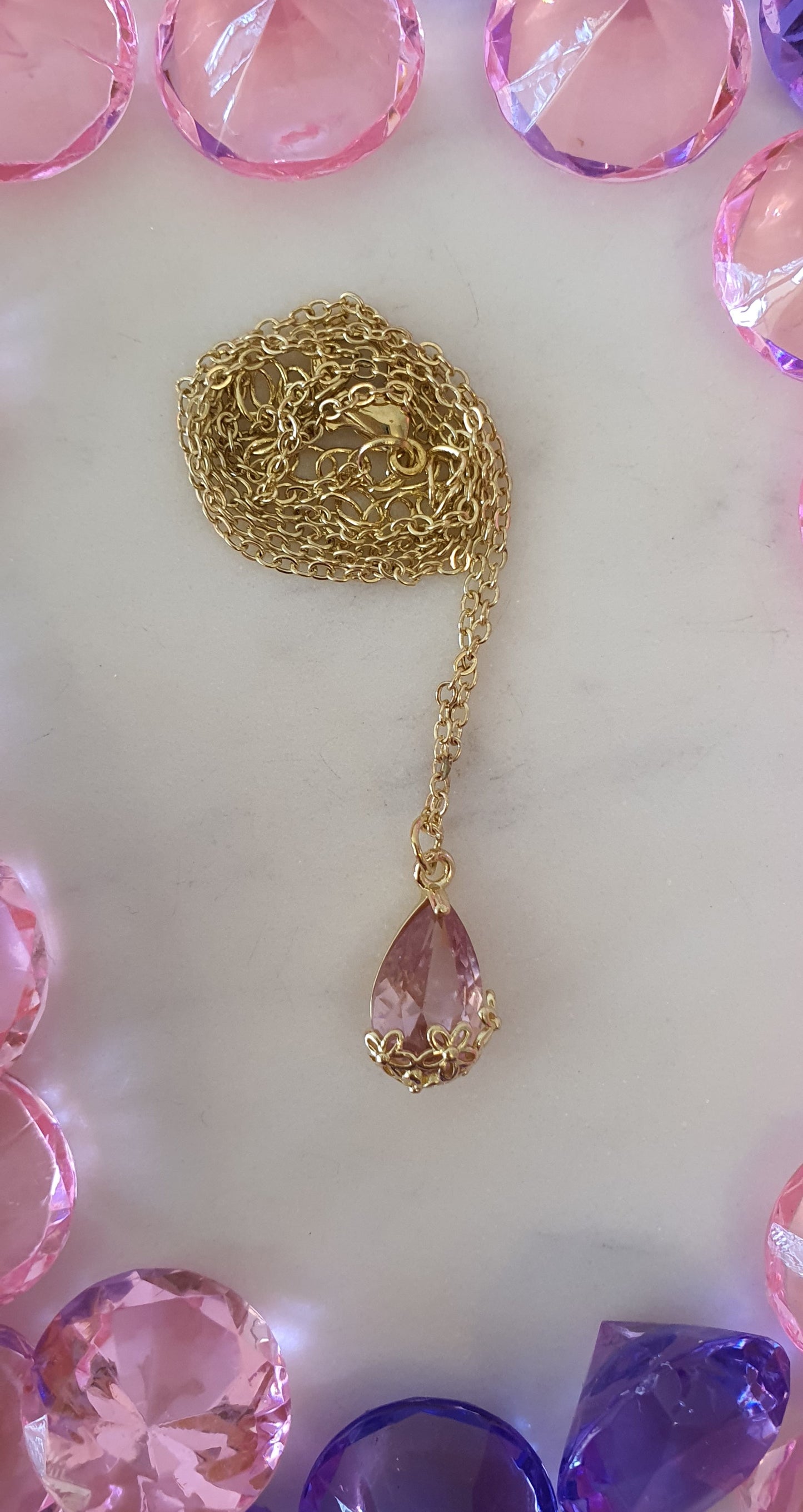 Stylish Bling Gold Pink Stone Teardrop Necklace