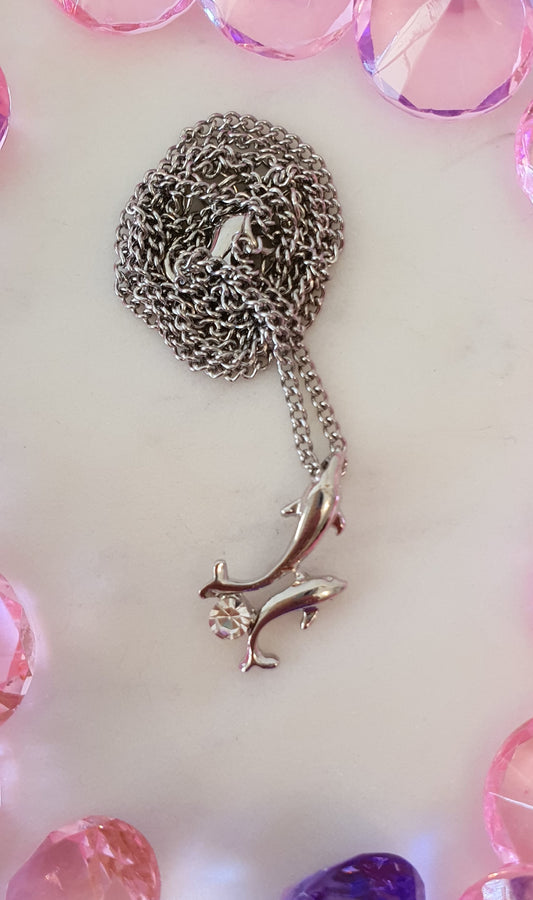 Stylish Bling Silver Dolphin Diamante Necklace