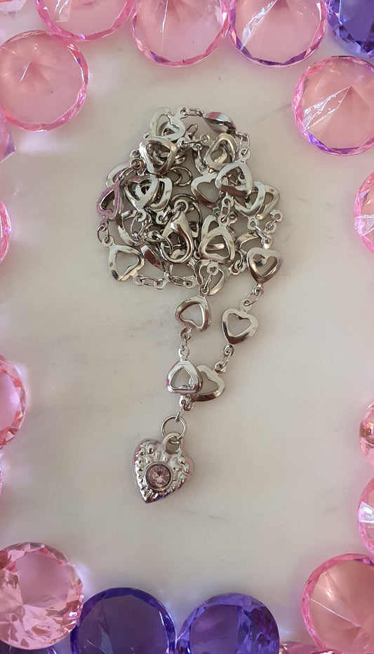 Stylish Bling Silver Hearts & Pink Heart Chain Necklace