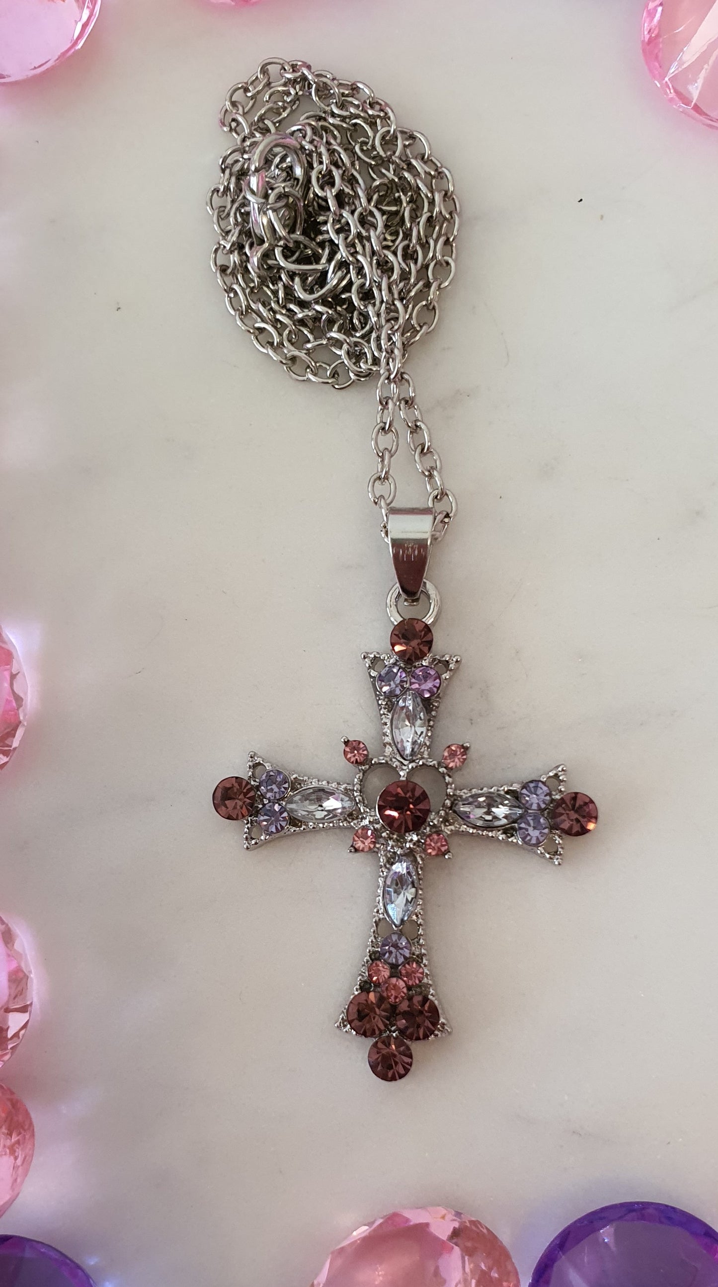 Stylish Bling Diamante Cross with Heart Necklace