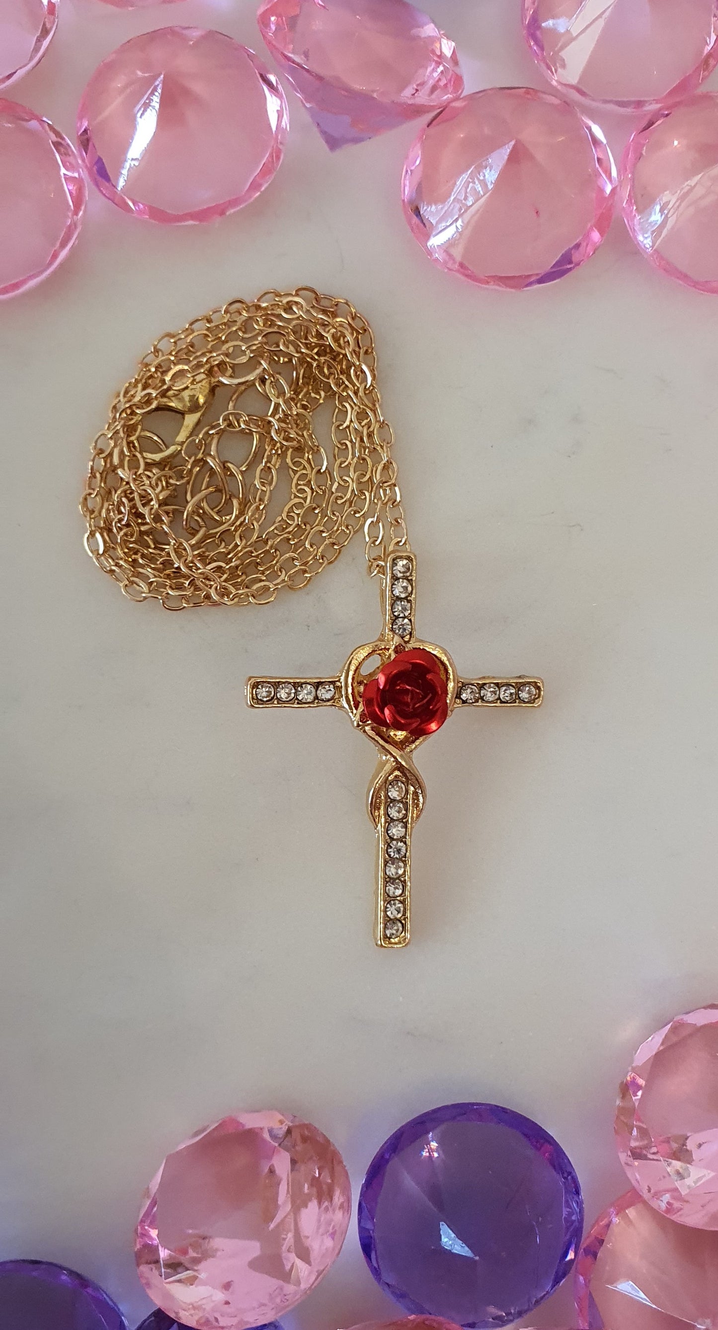 Stylish Bling Gold Diamante Red Rose Cross Necklace