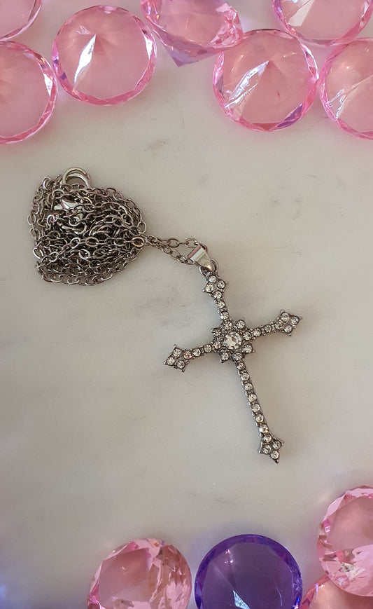 Stylish Bling Delicate Silver Diamante Cross Necklace