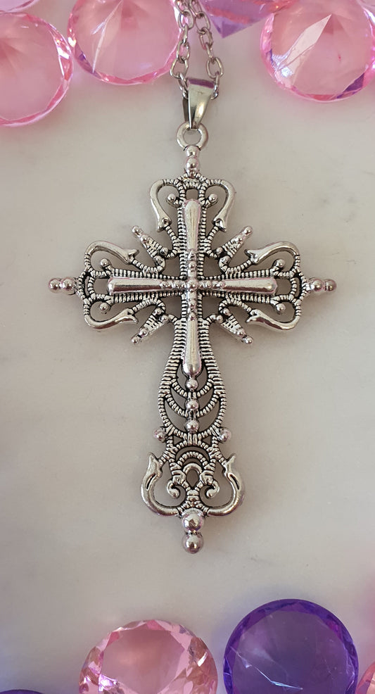 Stylish Bling Intricate Silver Patterned Cross Necklace