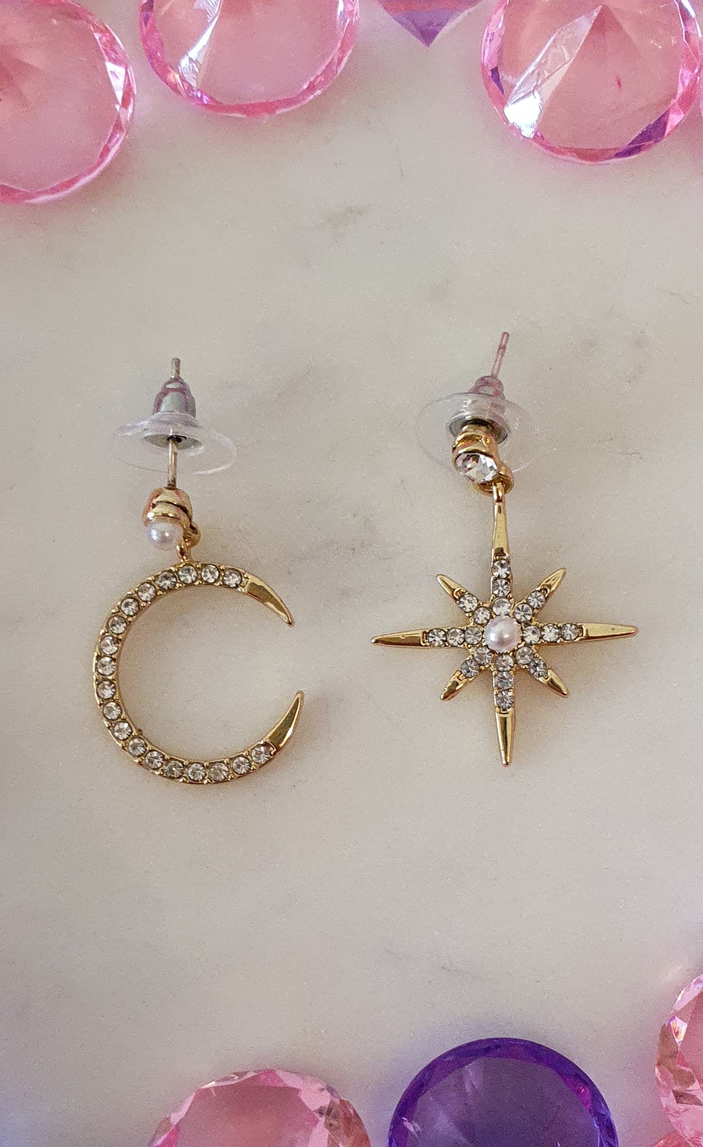 Stylish Bling Gold Moon & Star Earrings