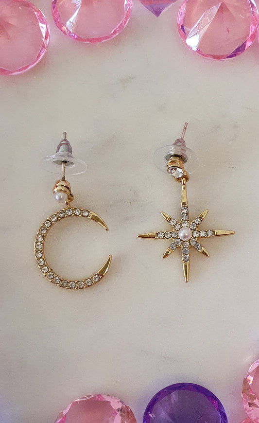 Stylish Bling Gold Moon & Star Earrings