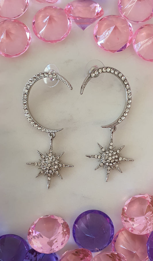 Stylish Bling Silver Diamante Moon & Star Earrings