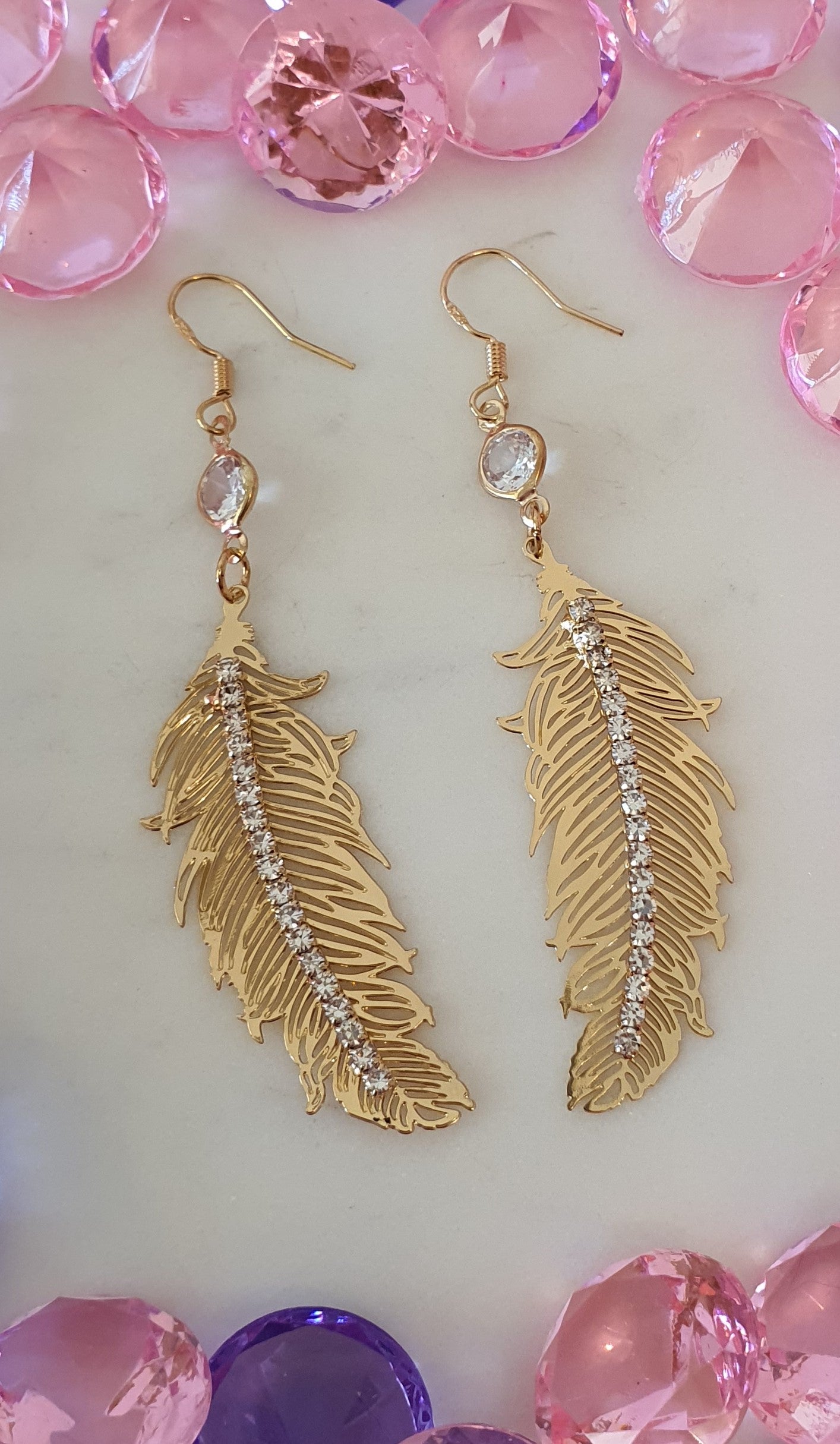 Stylish Bling Long Gold & Diamante Feather Earrings