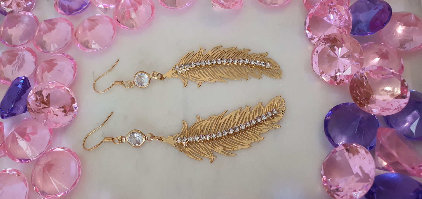 Stylish Bling Long Gold & Diamante Feather Earrings