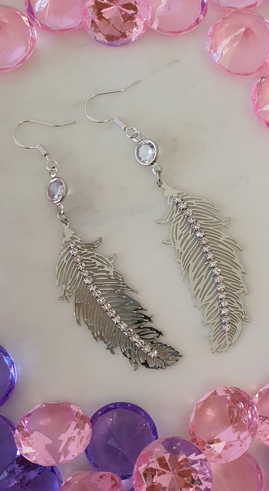 Stylish Bling Long Silver & Diamante Feather Earrings