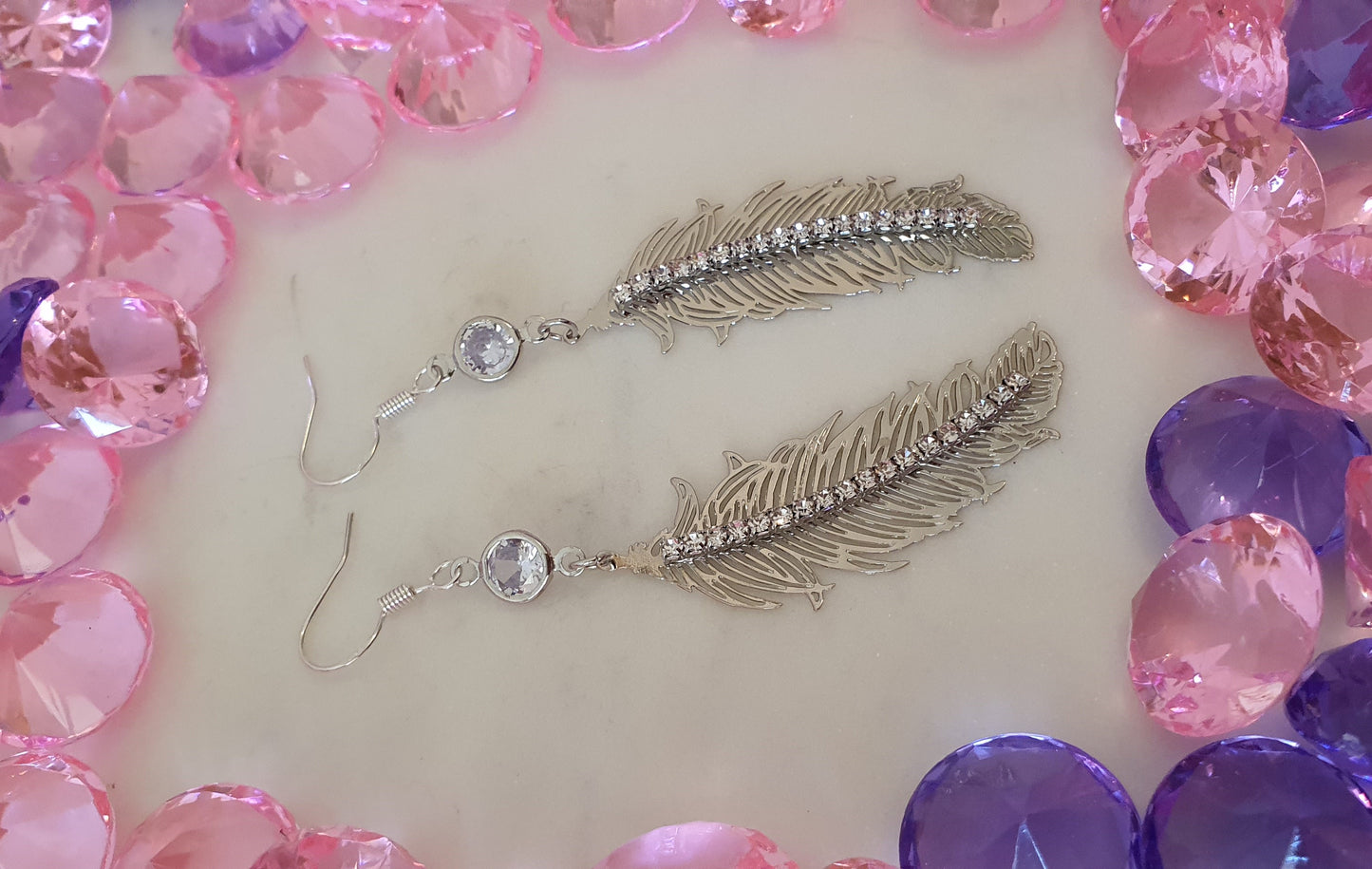 Stylish Bling Long Silver & Diamante Feather Earrings