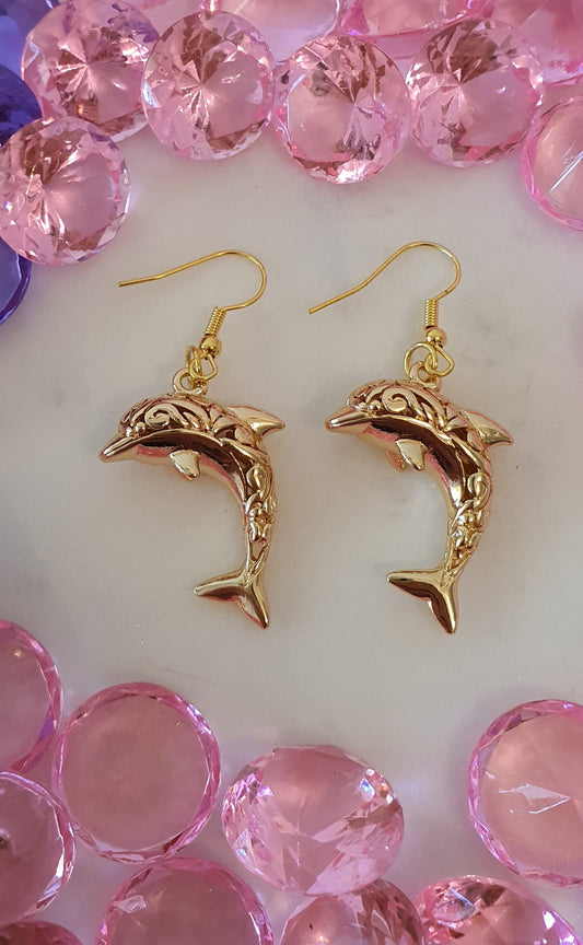 Stylish Bling Gold Filigree Dolphin Earrings