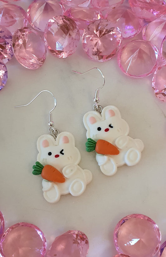 The Winking White Rabbit & His Carrot - Set of Earrings