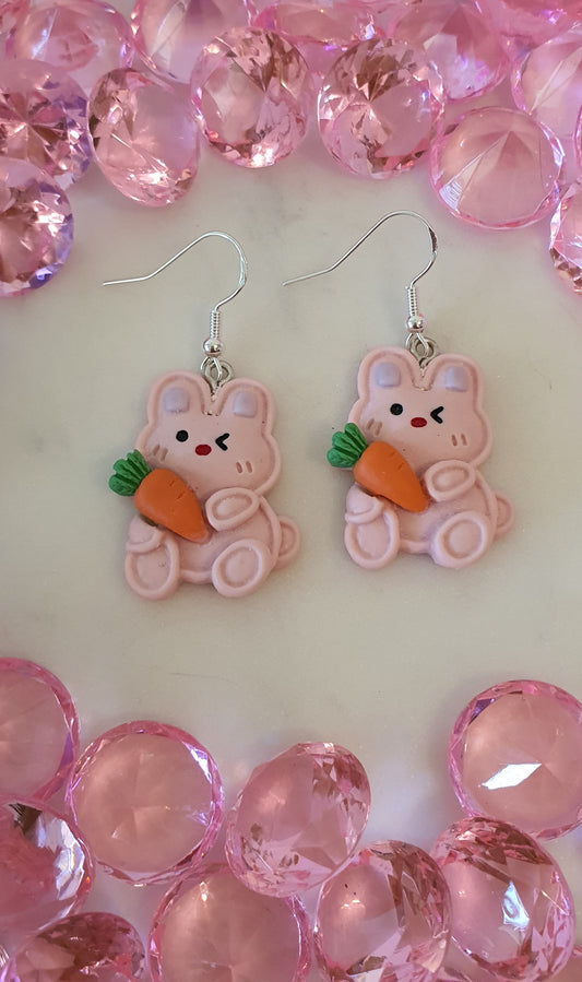 The Winking Pink Rabbit & Her Carrot - Set of Earrings