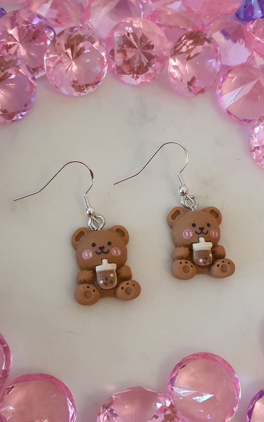 Precious Brown Bubble Tea Bear Set of Earrings - Boba Tea