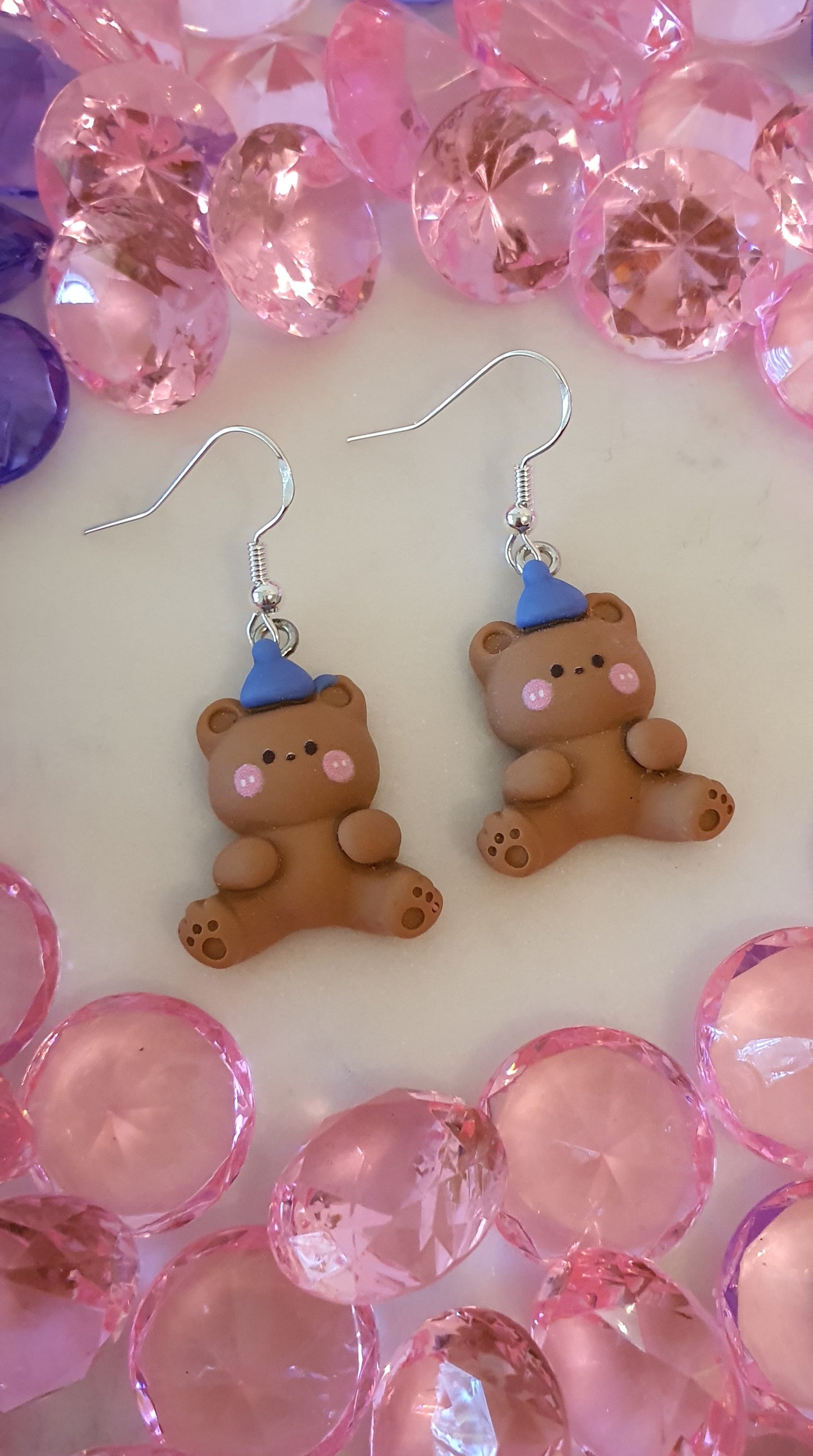 Precious Blue Beanie Brown Bear Set of Earrings