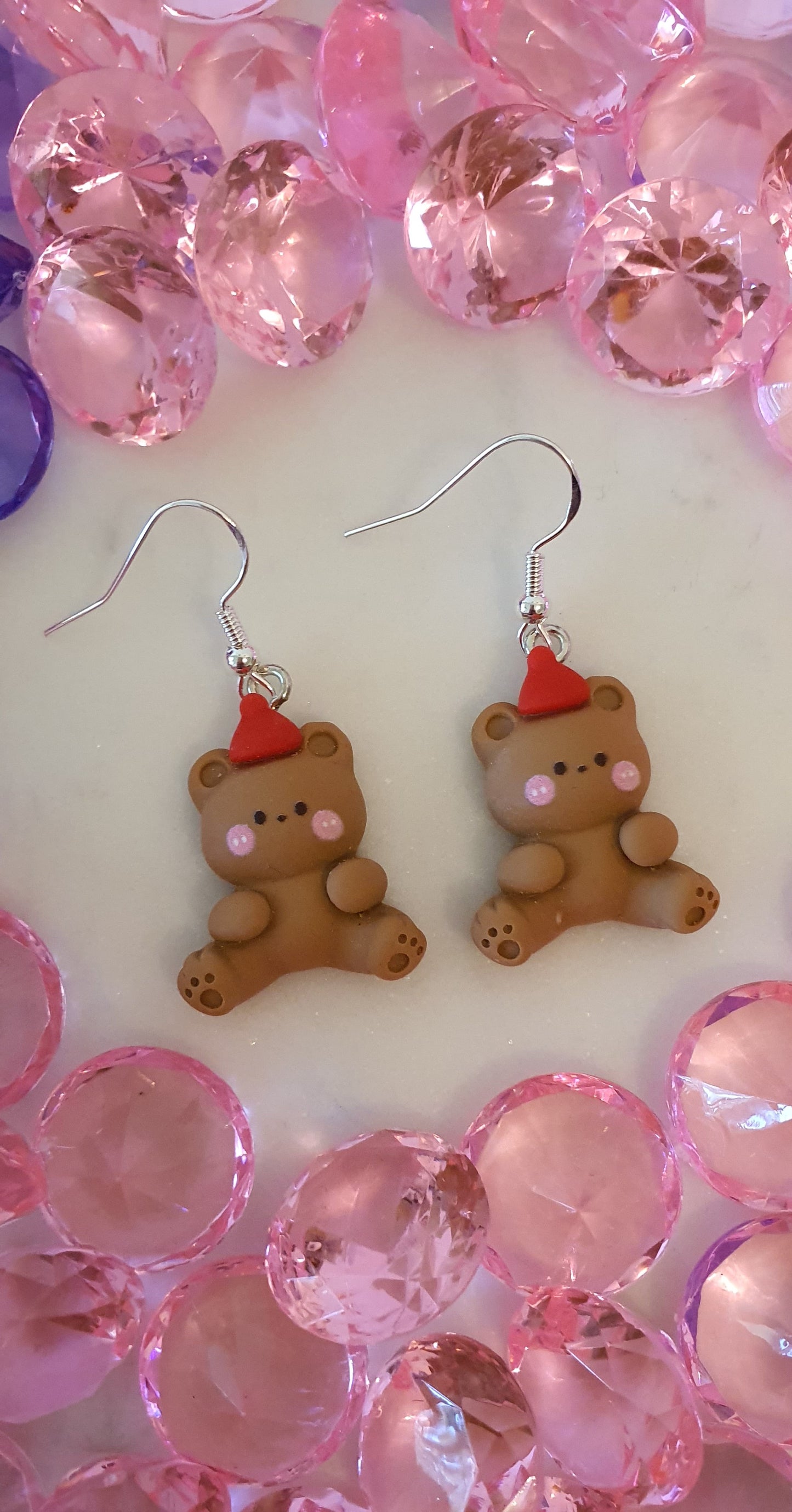 Precious Red Beanie Brown Bear Set of Earrings