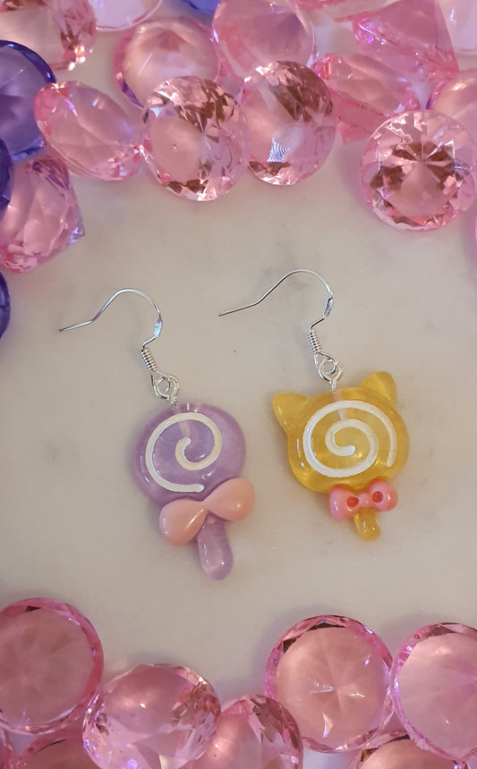 Galaxy Purple & Yellow Cat Ears Swirl Lollipop - Set of Earrings