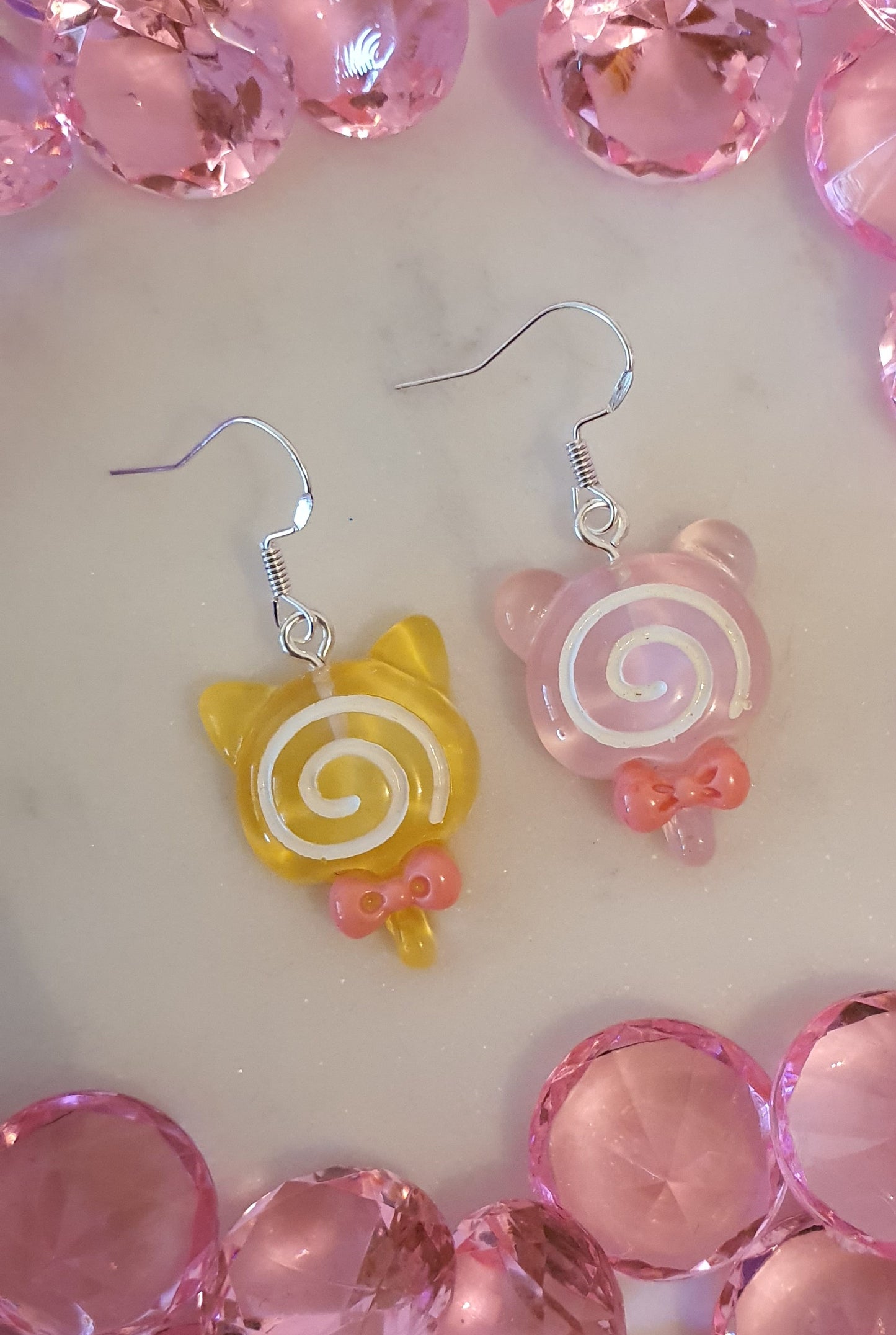 Galaxy Pink & Yellow Cat Ears Swirl Lollipop - Set of Earrings