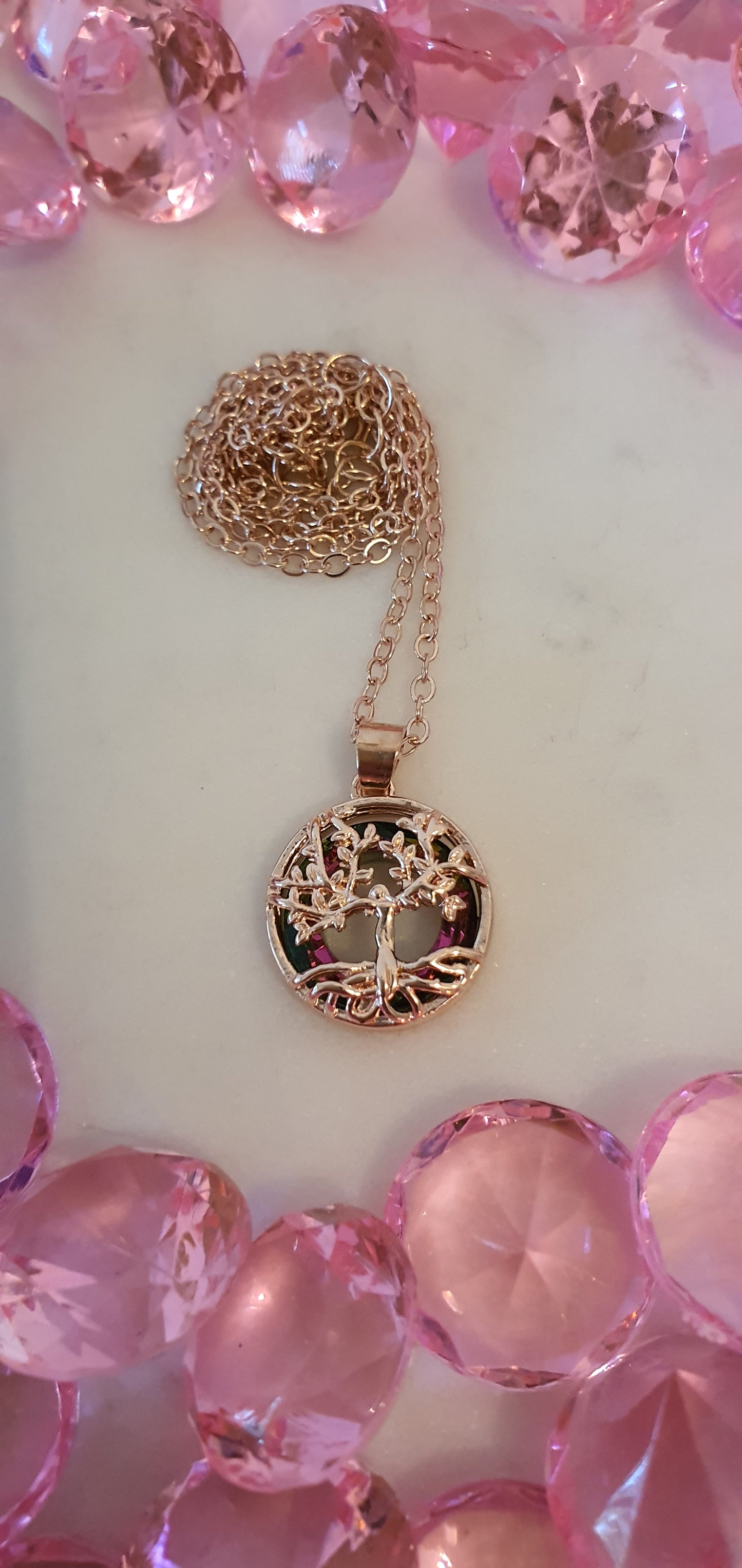 Stylish Bling Rose Gold Woman Tree of Life Shimmer Necklace