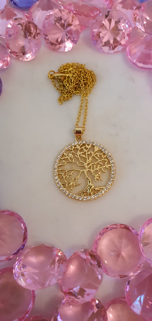 Stylish Bling Gold Tree of Life Diamante Necklace