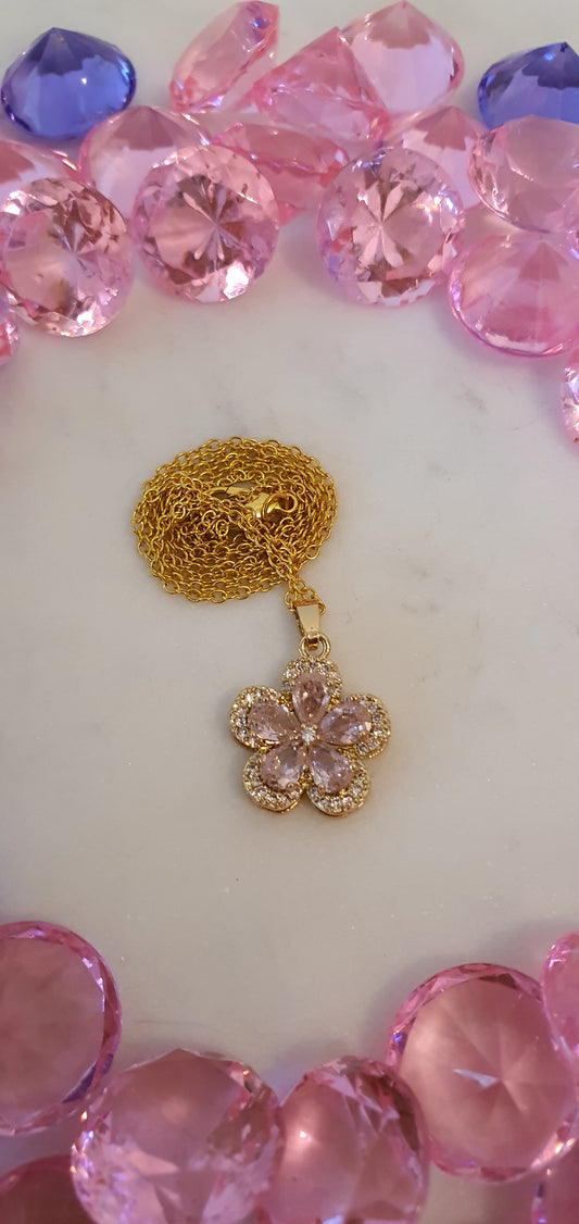 Stylish Bling Gold & Pink Flower Necklace