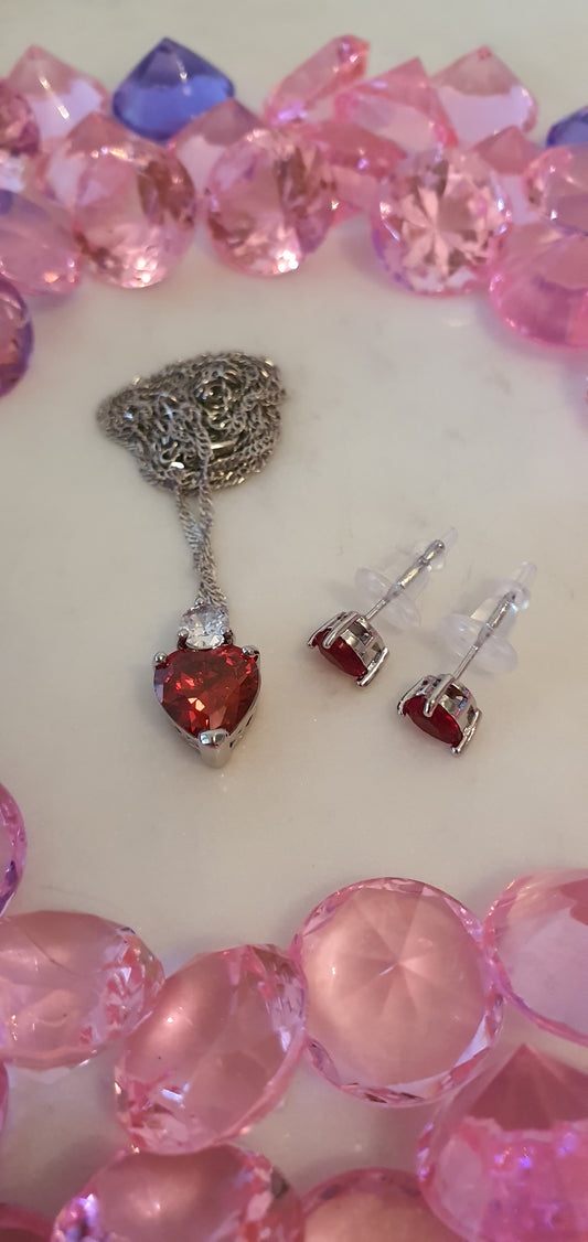 Stylish Bling Silver & Red Heart Set of Stud Earrings & Necklace