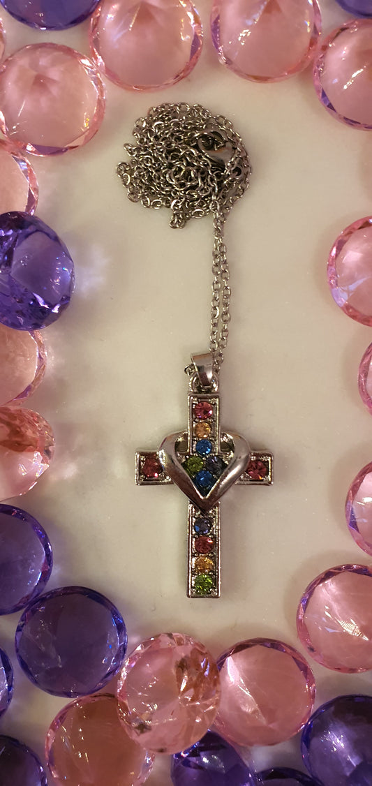 Stylish Bling Silver Cross of Love Diamante Necklace